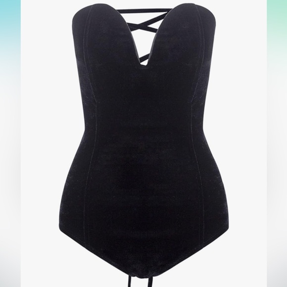 Black Velvet Plunge Neck Bodysuit - Picture 1 of 8